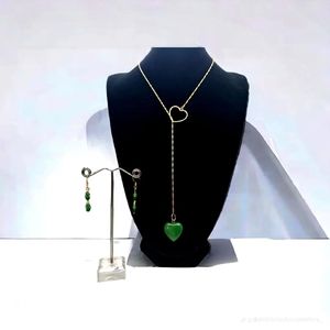 Green jade lariat pendant necklace earrings set